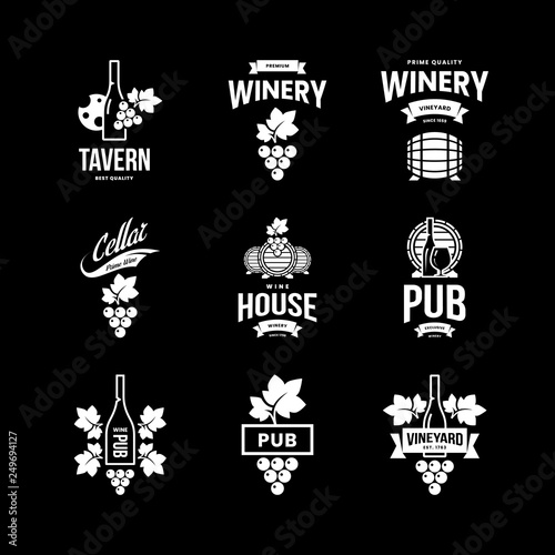 Modern wine vector isolated logo collection for tavern, restaurant, house, shop, store, club and cellar. Premium quality vinery logotype illustration set. Fashion brand badge design template bundle.
