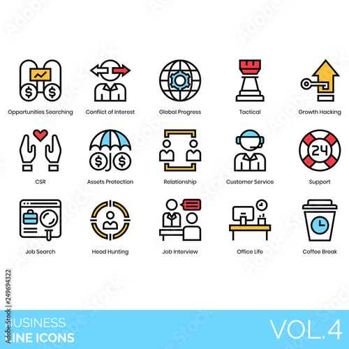 Business icons including opportunities, conflict of interest, global progress, tactical, growth hacking, CSR, assets protection, relationship, customer service, support, job search, head hunting.