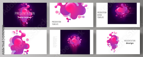 The minimalistic abstract vector illustration of the editable layout of the presentation slides design business templates. Black background with fluid gradient, liquid pink colored geometric element.