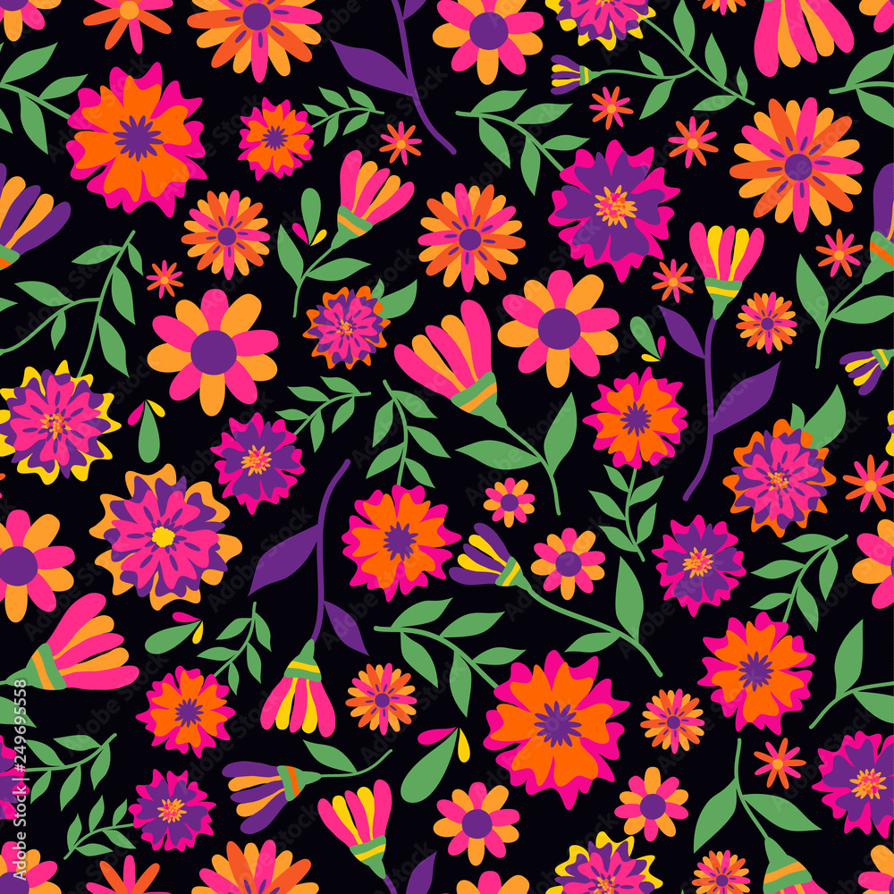 Dia de los muertos seamless vector pattern with marigold flowers. The main symbols of the holiday on the dark background. Day of the dead. Dia de los muertos seamless vector pattern with marigold flowers. The main symbols of the holiday on the dark background. Day of the dead.
