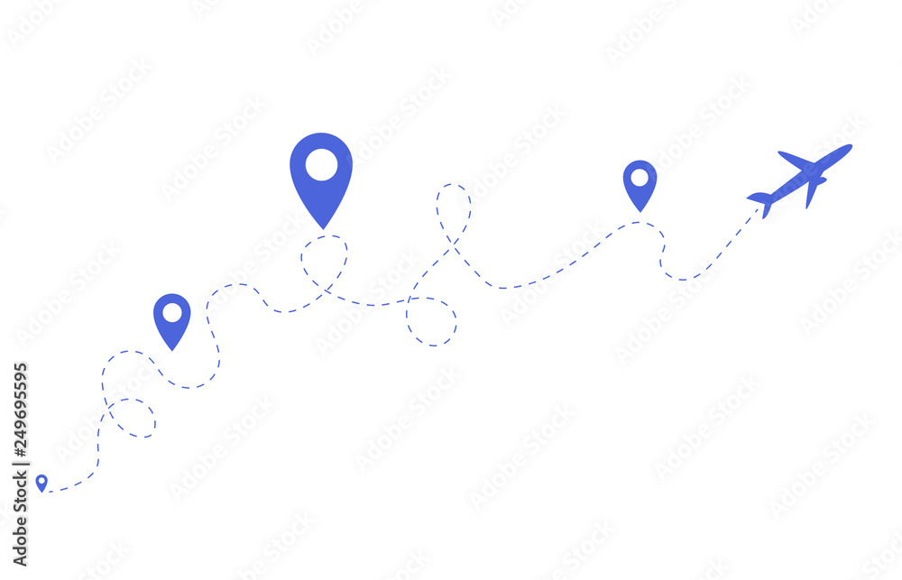 Cartoon picture with airplane flight route of dotted line or air plane ...