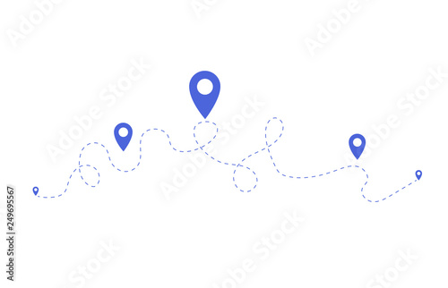 Cartoon picture with route, path, journey of dotted line and point location icon. Vector illustration.