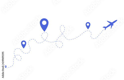 Cartoon picture with airplane flight route of dotted line or air plane destination line path icon and point location icon. Vector illustration.
