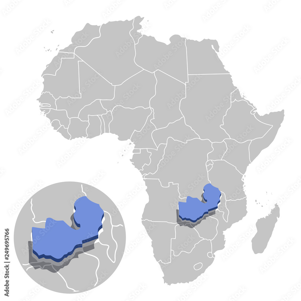 Vector illustration of Zambia in blue on the grey model of Africa map with zooming replica of country