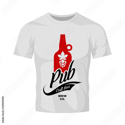 Modern craft beer drink vector logo sign for bar, pub, store, brewhouse or brewery isolated on white t-shirt mock up. Premium quality bottle logotype illustration. Brewing fest fashion badge design.