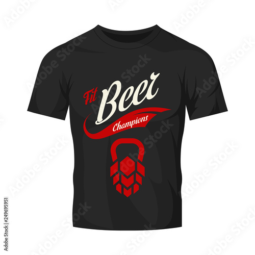 Modern craft beer drink vector logo sign for bar, pub, store, brewhouse or brewery isolated on black t-shirt mock up. Premium quality fitness logotype illustration. Brewing fest fashion badge design.