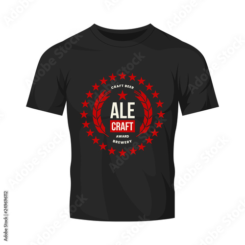 Modern craft beer drink vector logo sign for bar, pub, store, brewhouse or brewery isolated on black t-shirt mock up. Premium quality emblem logotype illustration. Brewing fest round badge design.