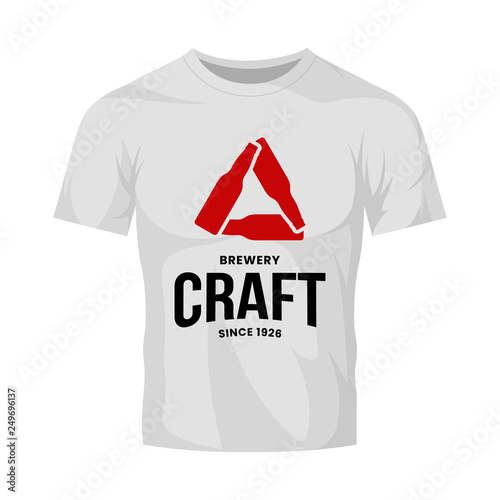 Modern craft beer drink vector logo sign for bar, pub, store, brewhouse or brewery isolated on white t-shirt mock up. Premium bottle triangle logotype illustration. Brewing fest fashion badge design.