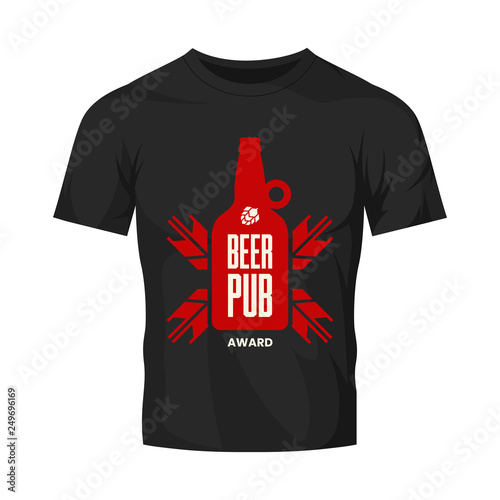 Modern craft beer drink vector logo sign for bar, pub, store, brewhouse or brewery isolated on black t-shirt mock up. Premium quality bottle logotype illustration. Brewing fest fashion badge design.