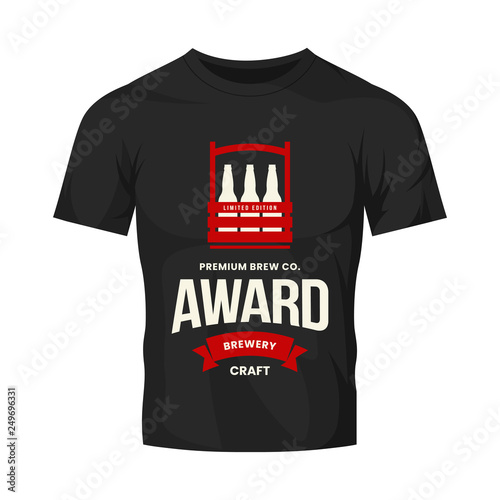 Modern craft beer drink vector logo sign for bar, pub, store, brewhouse or brewery isolated on black t-shirt mock up. Premium quality bottle box logotype illustration. Brewing fashion badge design.