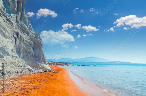 Xi Beach, Kefalonia Island, Greece. Beautiful view of Xi Beach, a beach with red sand in Cephalonia, Ionian Sea.