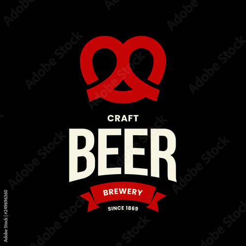 Modern craft beer drink vector logo sign for bar, pub, store, brewhouse or brewery isolated on black background. Premium quality pretzel logotype illustration. Brewing fest emblem t-shirt badge design