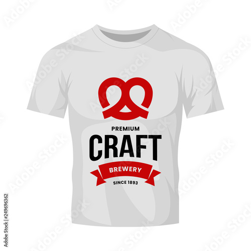Modern craft beer drink vector logo sign for bar, pub, store, brewhouse or brewery isolated on white t-shirt mock up. Premium quality pretzel logotype illustration. Brewing fest fashion badge design.