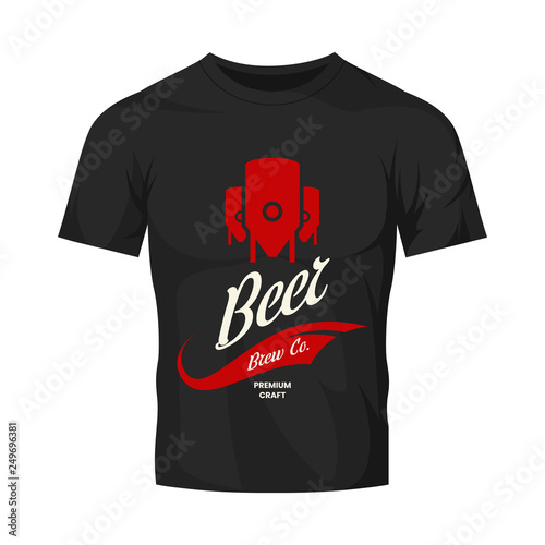 Modern craft beer drink vector logo sign for bar, pub, store, brewhouse or brewery isolated on black t-shirt mock up. Premium quality logotype emblem illustration. Brewing fest fashion badge design.