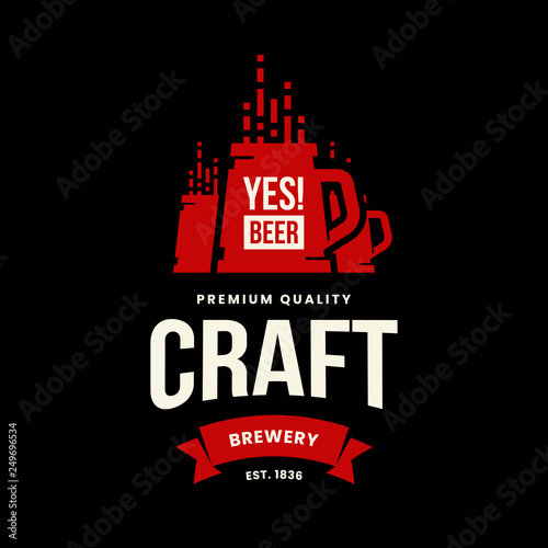 Modern craft beer drink vector logo sign for bar, pub, store, brewhouse or brewery isolated on black background. Premium quality mug logotype illustration. Brewing fest fashion t-shirt badge design.
