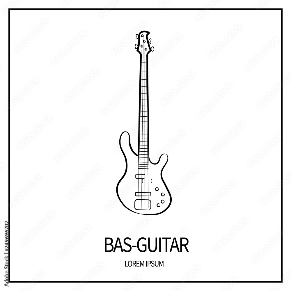 Naklejka premium Bass guitar, stringed and plucked instrument. Linear icon from outlines. Outline. Isolated on white background. Banner with frame. Vector illustration