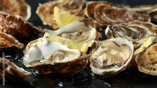 Fresh Oysters platter with lemon and ice
