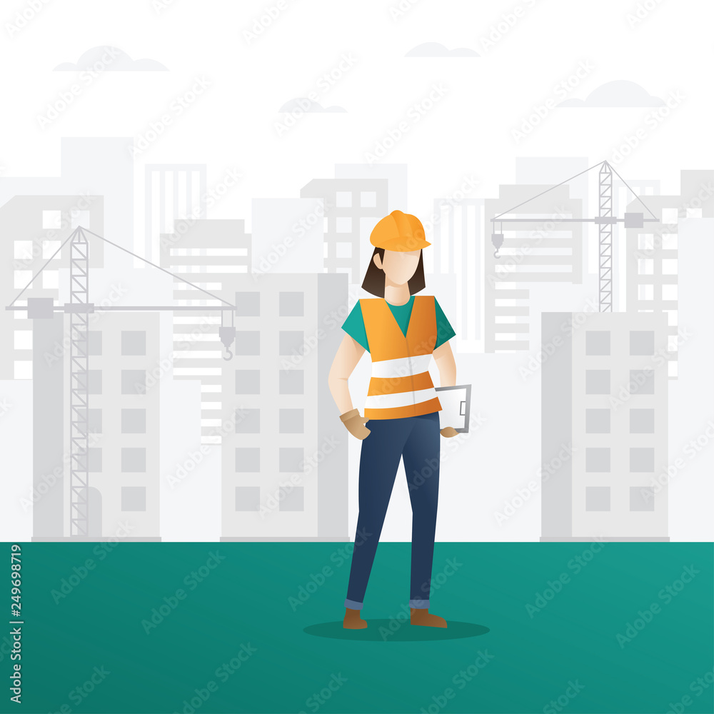 Female construction worker. Female construction worker holding clipboard. Building and construction industry cartoon background with workers. Construction Worker character vector design Female construction worker. Female construction worker holding clipboard. Building and construction industry cartoon background with workers. Construction Worker character vector design