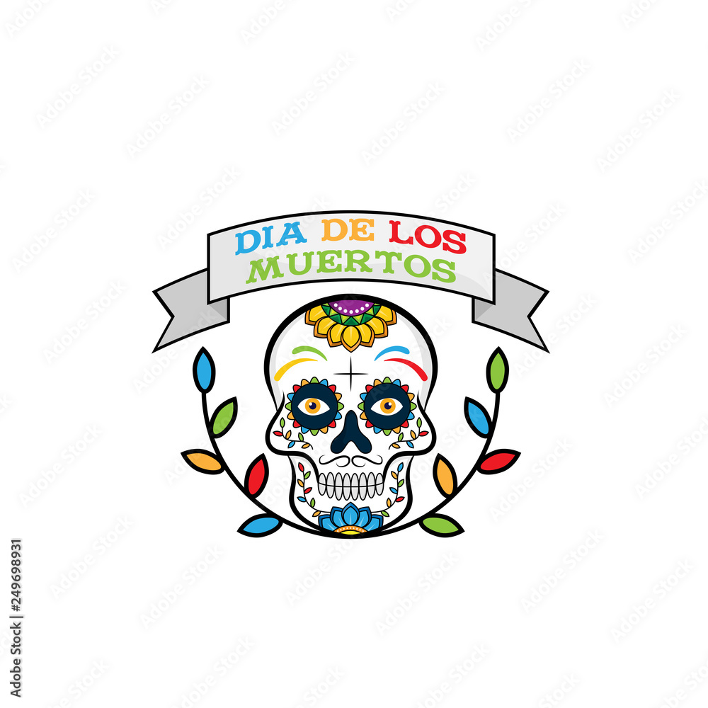 Dia de los Muertos, Day of the Dead vector illustration. Design for banner or party flyer with sugar skull, flowers and decorative border. - Vector