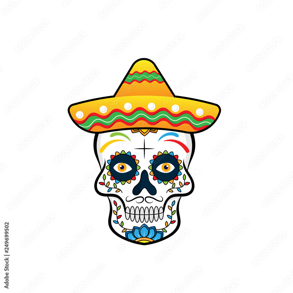 Illustration of mexican sugar skull. Day of the dead. Dia de los muertos. Design element for logo, label, emblem, sign, poster, t shirt. Vector illustration - Vector 