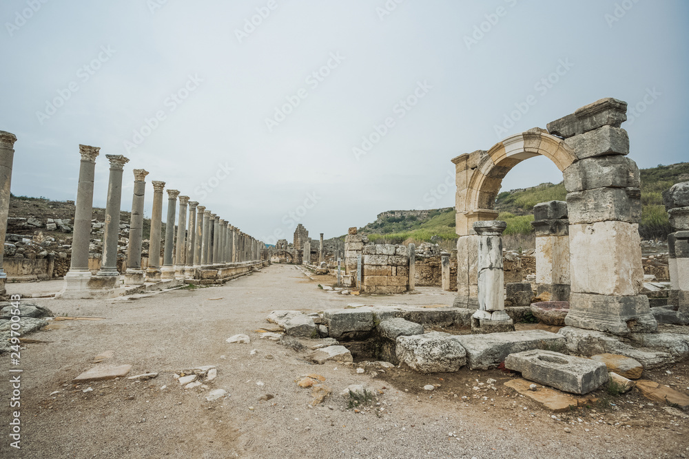 Historical site of Perge or Perga in Antalya, Turkey. Vast remains of prosperous Roman city. Ancient Perge city existed from X century before Christ till VIII of our era. 