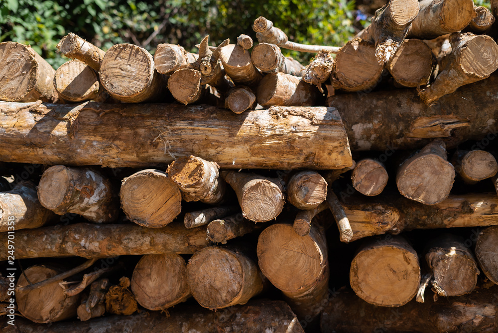 A stack of logs not neatly folded wall along and across A stack of logs not neatly folded wall along and across