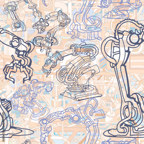 Vector seamless pattern. Industrial background with abstract robotic arms and industry or steampunk machines. Fantasy technology or factory illustration with decorative machine hand drawn elements.
