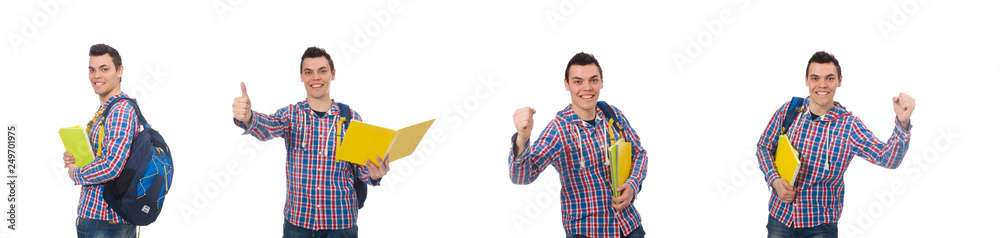 Smiling caucasian student with backpack and book isolated on whi Smiling caucasian student with backpack and book isolated on whi