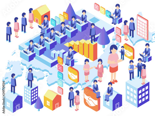 スマホとパソコンによる経理ビジネス 家とビルのアイソメ図ベクターコンセプトイラスト日本地図背景 Vector De Stock Adobe Stock