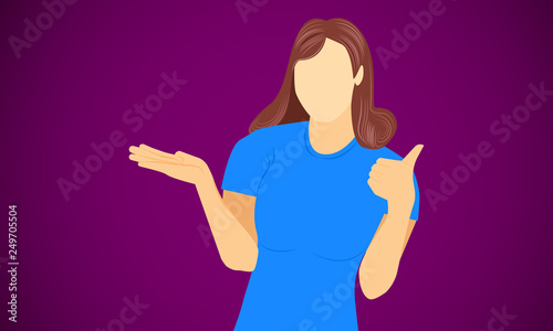 woman show left hand like for congratulation pleased happy glad and right presentation product. vector illustration eps10