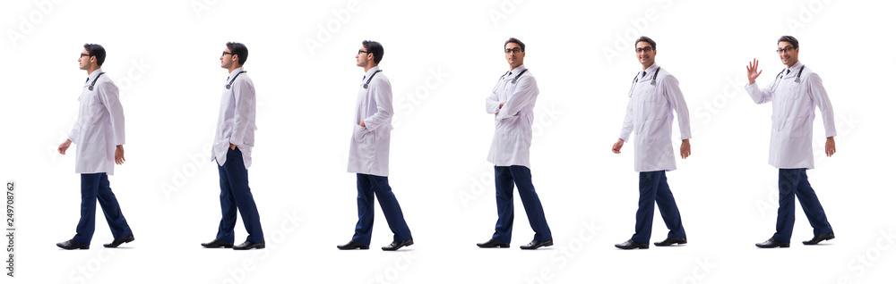 Young doctor physician standing walking isolated on white backgr Young doctor physician standing walking isolated on white backgr