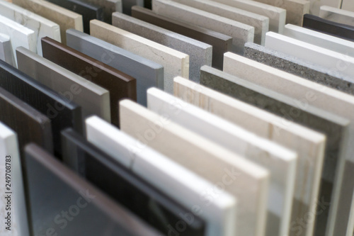 Close up of stone kitchen countertop samples