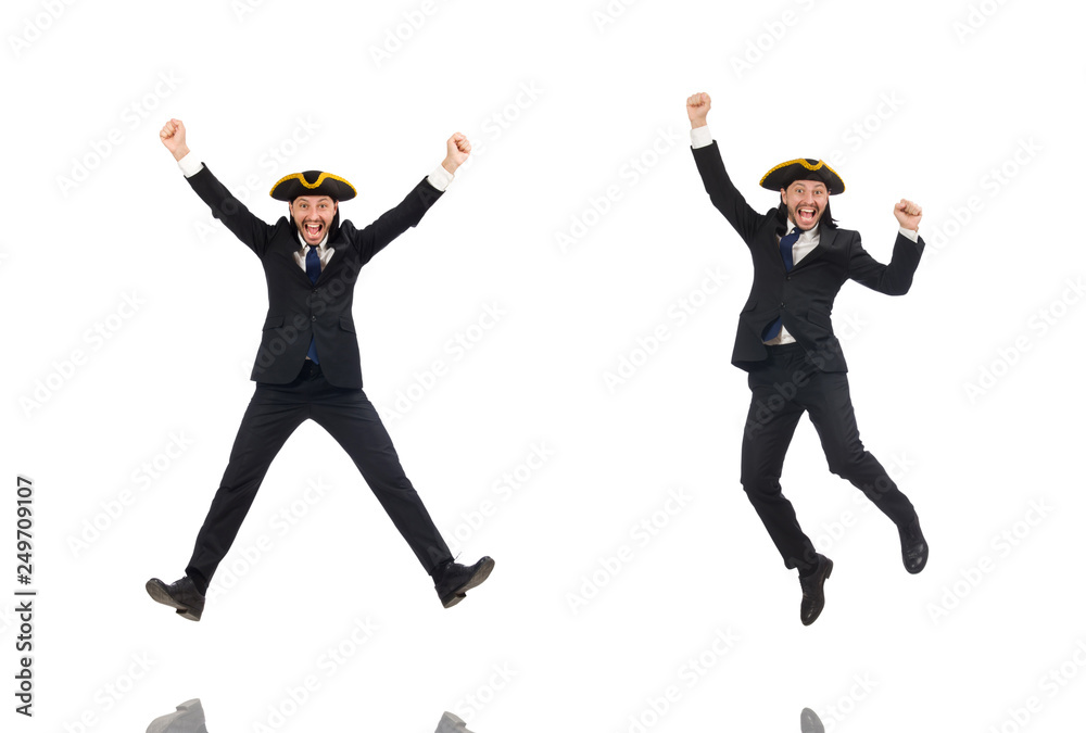 Jumping businessman wearing tricorn isolated on white