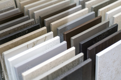 Close up of stone kitchen countertop samples