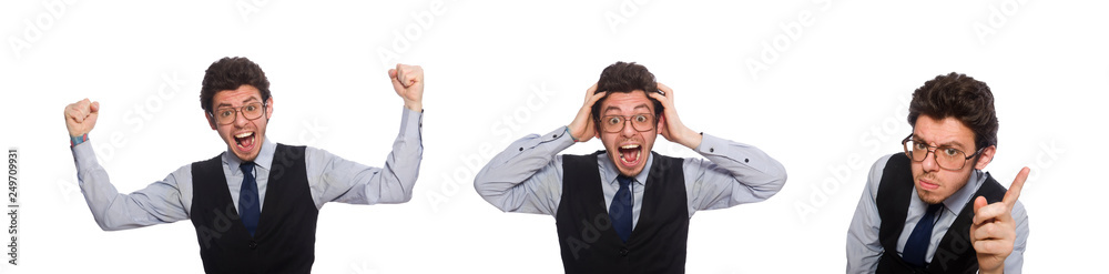 Young businessman in funny concept on white Young businessman in funny concept on white
