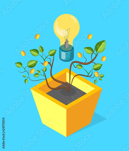 Money tree with leaves vector, coins and glowing lightbulb. Financial assets, flowerpot with soil and growing plant with foliage and trunk, golden dollars