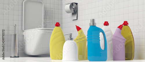 Obraz na plátne Variety of blank no name plastic bottles with detergents, WC background, banner
