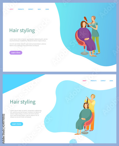 Hair styling services vector, straightening and curling. Hairdresser or stylist in apron and female client, beauty service online appointment order. Website or webpage template landing page in flat