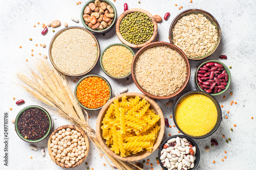 Grains crop, legumes, and beans assortment top view.