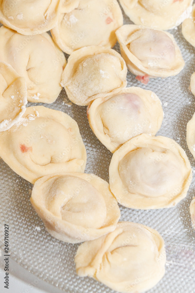 Raw and fresh dumplings lie on a glass plate