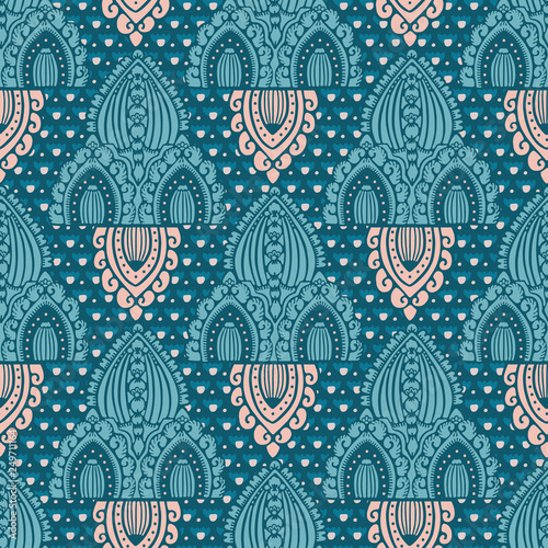 Hand drawn arabesque floral ornament damask illustration. Seamless vector pattern all over print. Traditional persian indian flower drop motif. Decorative stylized shawl fashion, teal pink home decor.