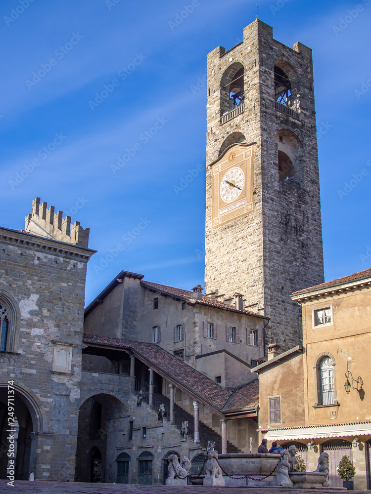 Piazza Vecchia in Bergamo, Italy with the Torre Civica bell tower also called “Campanone”