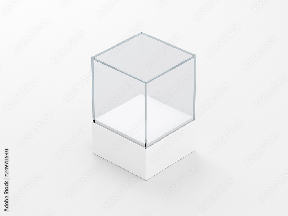 Square glass showcase box mockup with podium , front view isolated on gray Square glass showcase box mockup with podium , front view isolated on gray