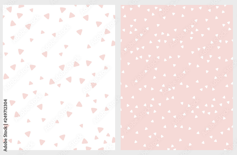 Set of 2 Hand Drawn Triangles Vector Patterns. Irregular Tiny Triangles Design. Light Pink and White Infantile Style Layout. Lovely Abstarct Geometric Illustration.