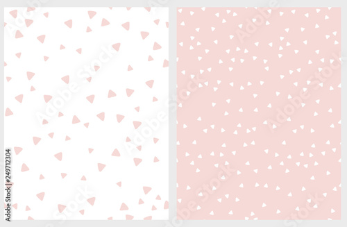 Set of 2 Hand Drawn Triangles Vector Patterns. Irregular Tiny Triangles Design. Light Pink and White Infantile Style Layout. Lovely Abstarct Geometric Illustration.