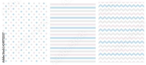Set of 3 Bright Delicate Chevron, Stripes and Dots Vector Patterns. Blue, Pink and Gray Dots, Chevron and Vertical Lines on a White Background. Cute Pastel Color Layouts.