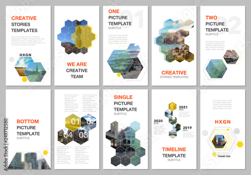 Creative social networks stories design, vertical banner or flyer templates with hexagones and hexagonal shapes on white background. Covers design templates for flyer, leaflet, brochure, presentation