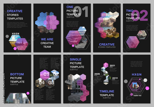 Creative social networks stories design, vertical banner or flyer templates with hexagones and hexagonal shapes on black background. Covers design templates for flyer, leaflet, brochure, presentation photo