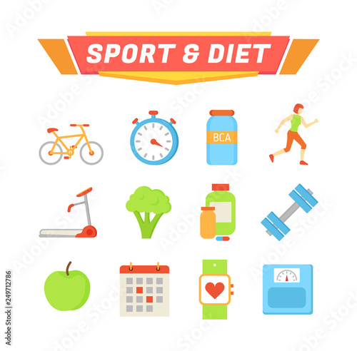 Sport and diet poster and icons set. Bicycle and treadmill exercises, apple broccoli veggie and fruit, calendar and smartwatch. Running lady vector