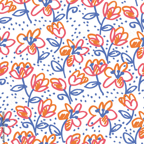 Abstract flowers hand drawn color seamless pattern